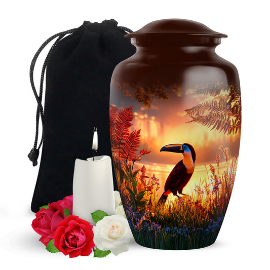 Rich Red Hornbill Cremation Urn angled view of lid and engraved motif - traditional hornbill engraving with hand-polished finish - full-size 10 inch 200 cubic inch adult cremation urn