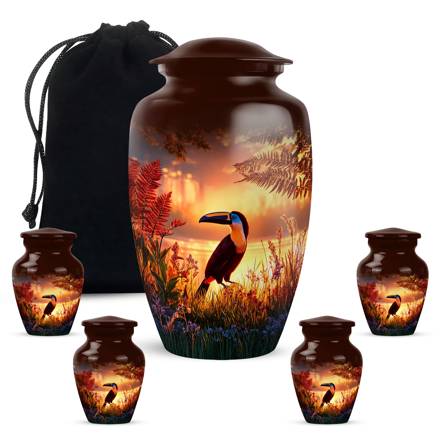 Scarlet Red Hornbill Cremation Urn top-down view of secure threaded lid - traditional hornbill engraving with hand-polished finish - memorial set with one large and four small urns