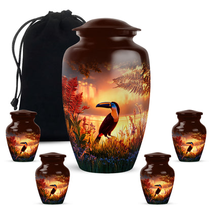Scarlet Red Hornbill Cremation Urn top-down view of secure threaded lid - traditional hornbill engraving with hand-polished finish - memorial set with one large and four small urns