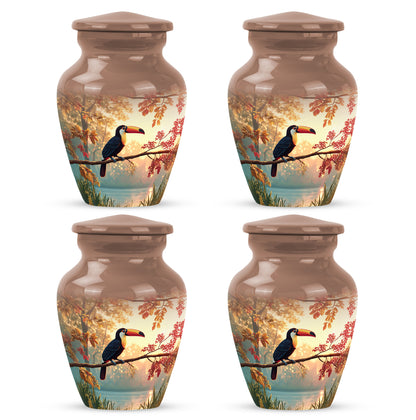 Harvest Gold Hornbill Cremation Urn side profile showing urn shape - elegant classic hornbill relief with fine detailing - 10 inch aluminum urn for cremated remains
