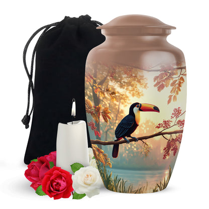 Royal Gold Hornbill Cremation Urn angled view of lid and engraved motif - traditional hornbill engraving with hand-polished finish - full-size 10 inch 200 cubic inch adult cremation urn