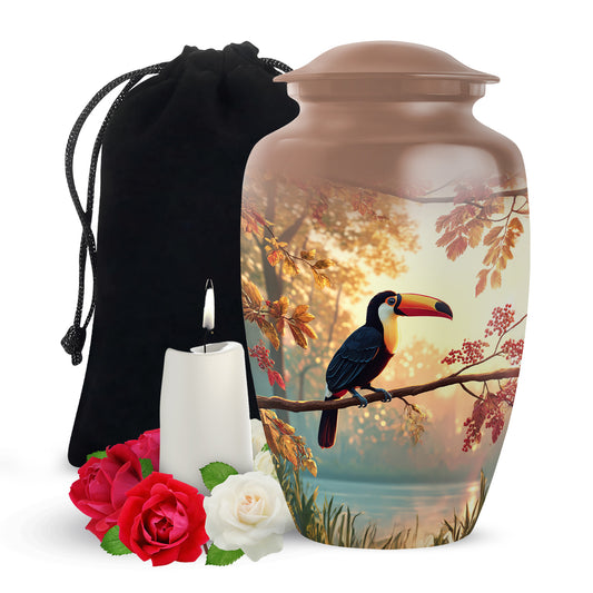Royal Gold Hornbill Cremation Urn angled view of lid and engraved motif - traditional hornbill engraving with hand-polished finish - full-size 10 inch 200 cubic inch adult cremation urn