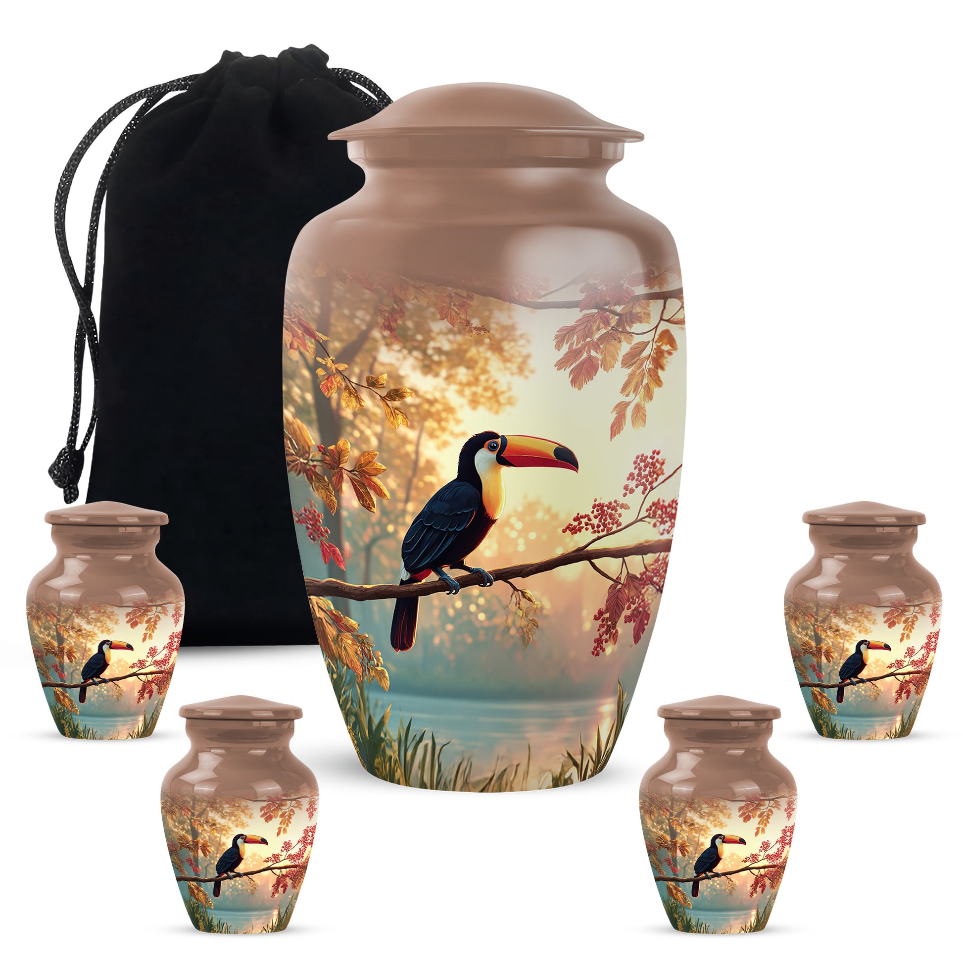 Amber Gold Hornbill Cremation Urn top-down view of secure threaded lid - timeless hornbill motif etched into premium metal - memorial set with one large and four small urns