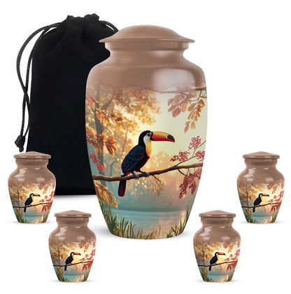 Amber Gold Hornbill Cremation Urn top-down view of secure threaded lid - timeless hornbill motif etched into premium metal - memorial set with one large and four small urns