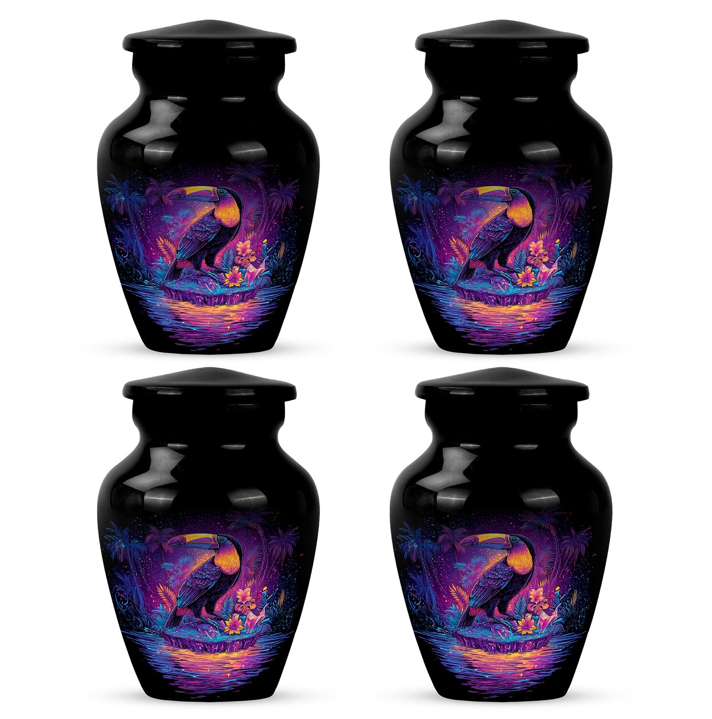 Glossy Black Hornbill Cremation Urn side profile showing urn shape - classic sculpted hornbill pattern on smooth aluminum - 10 inch aluminum urn for cremated remains