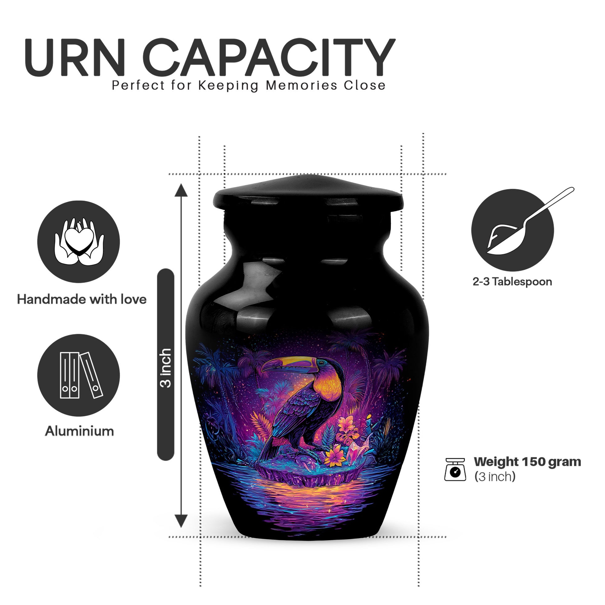 Ebony Hornbill Cremation Urn close-up of engraving and surface detail - timeless hornbill motif etched into premium metal - mini keepsake memorial for portion of cremation ashes