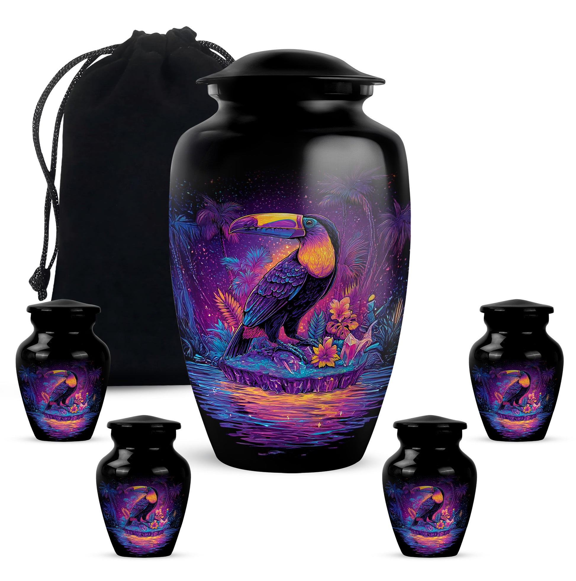 Jet Black Hornbill Cremation Urn top-down view of secure threaded lid - classic sculpted hornbill pattern on smooth aluminum - memorial set with one large and four small urns