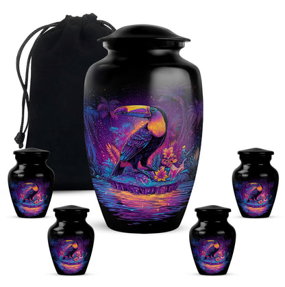 Jet Black Hornbill Cremation Urn top-down view of secure threaded lid - classic sculpted hornbill pattern on smooth aluminum - memorial set with one large and four small urns