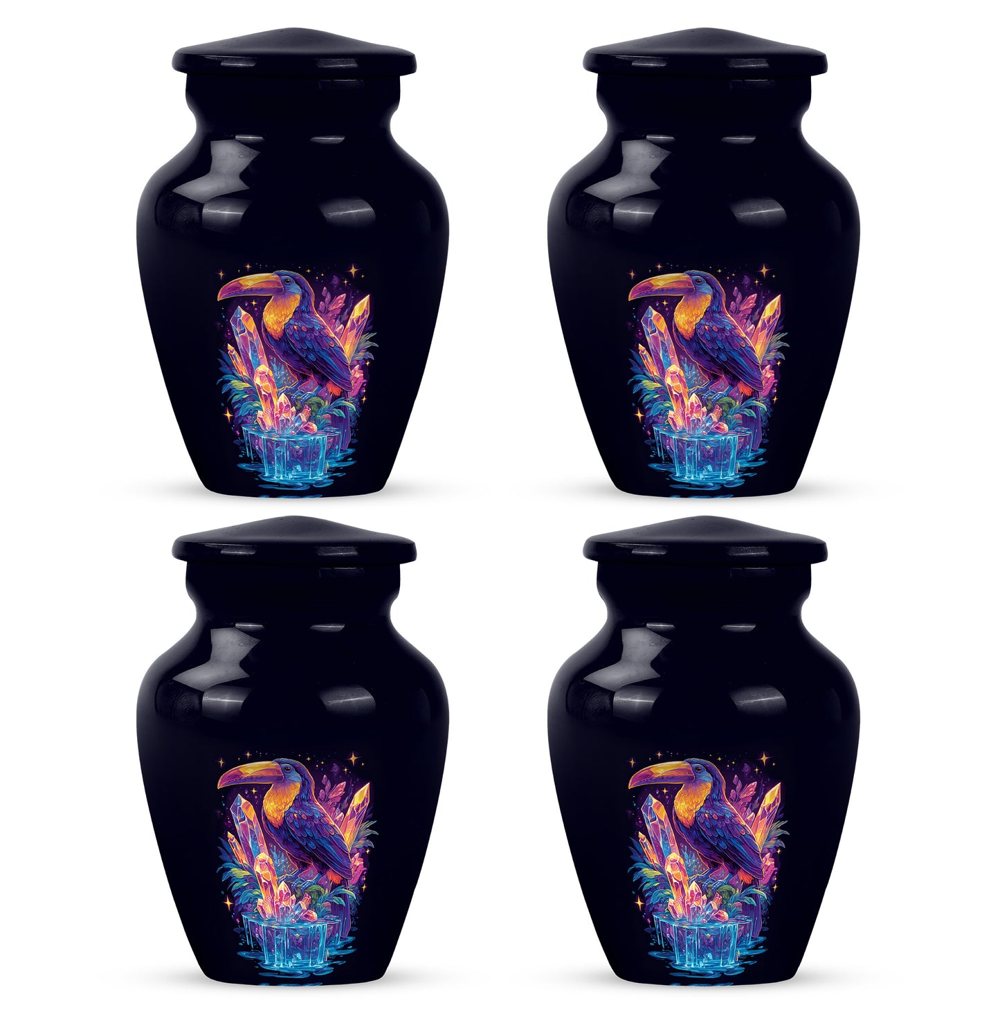 Soft Blue Hornbill Cremation Urn side profile showing urn shape - traditional hornbill engraving with hand-polished finish - 10 inch aluminum urn for cremated remains
