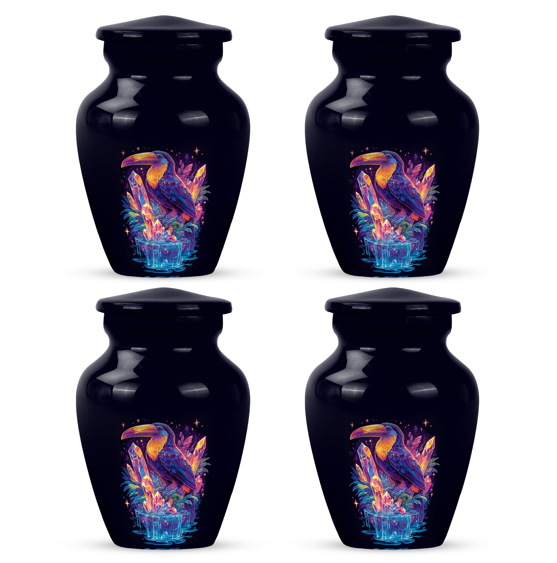 Soft Blue Hornbill Cremation Urn side profile showing urn shape - traditional hornbill engraving with hand-polished finish - 10 inch aluminum urn for cremated remains