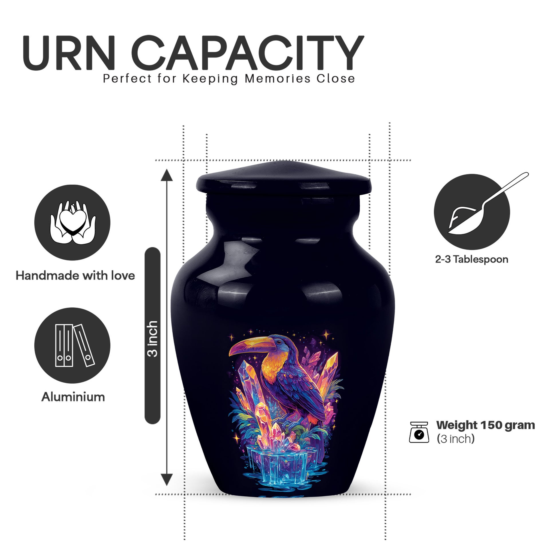 Navy Blue Hornbill Cremation Urn close-up of engraving and surface detail - classic sculpted hornbill pattern on smooth aluminum - mini keepsake memorial for portion of cremation ashes