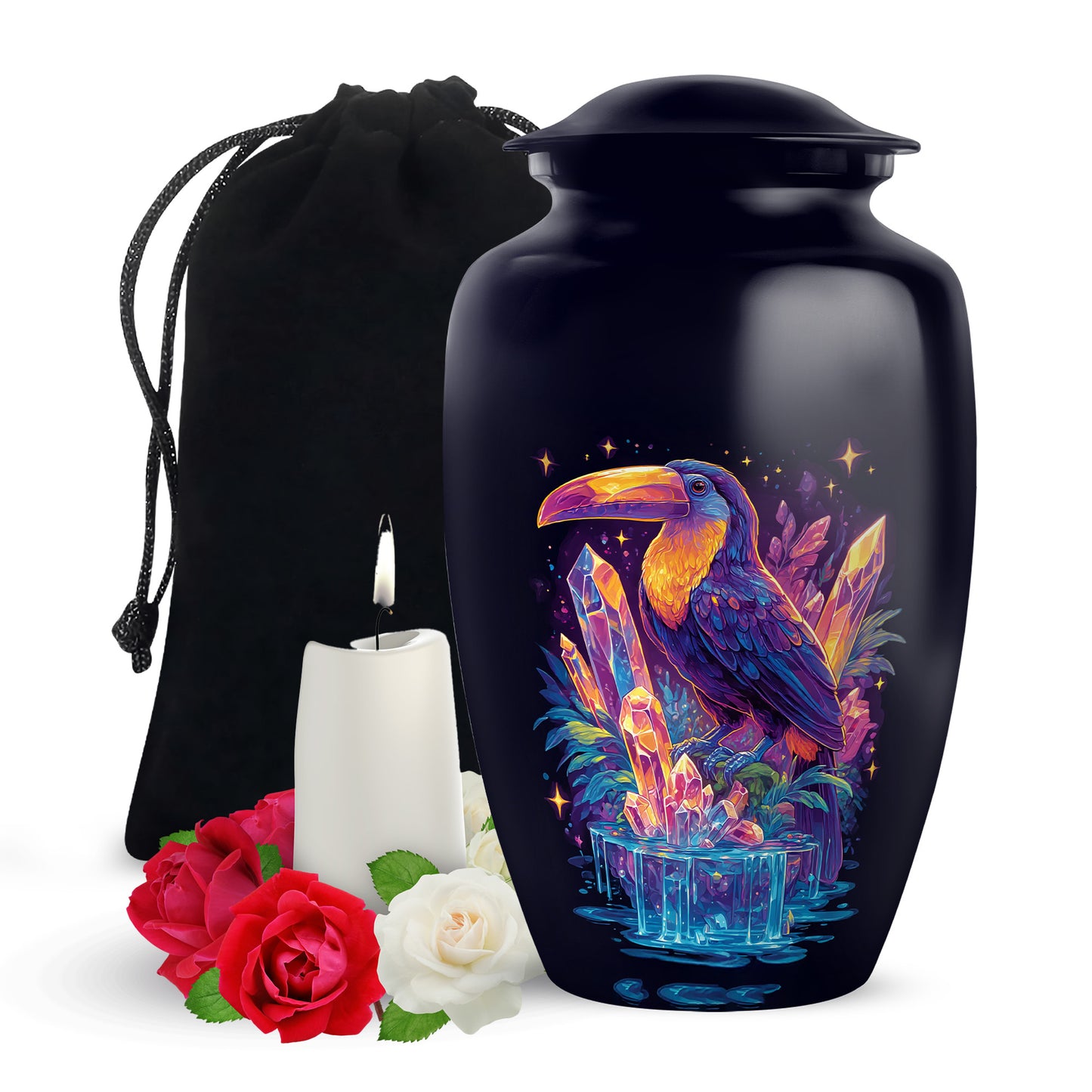 Steel Blue Hornbill Cremation Urn angled view of lid and engraved motif - traditional hornbill engraving with hand-polished finish - full-size 10 inch 200 cubic inch adult cremation urn
