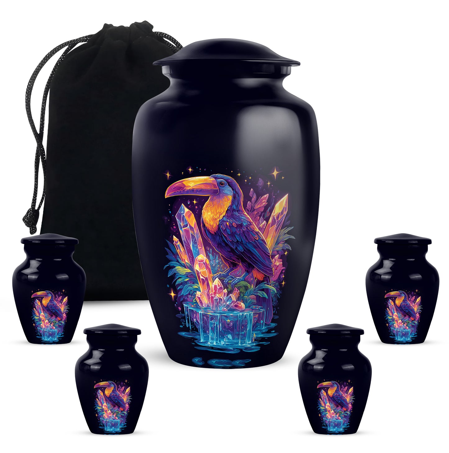 Indigo Hornbill Cremation Urn top-down view of secure threaded lid - classic sculpted hornbill pattern on smooth aluminum - memorial set with one large and four small urns