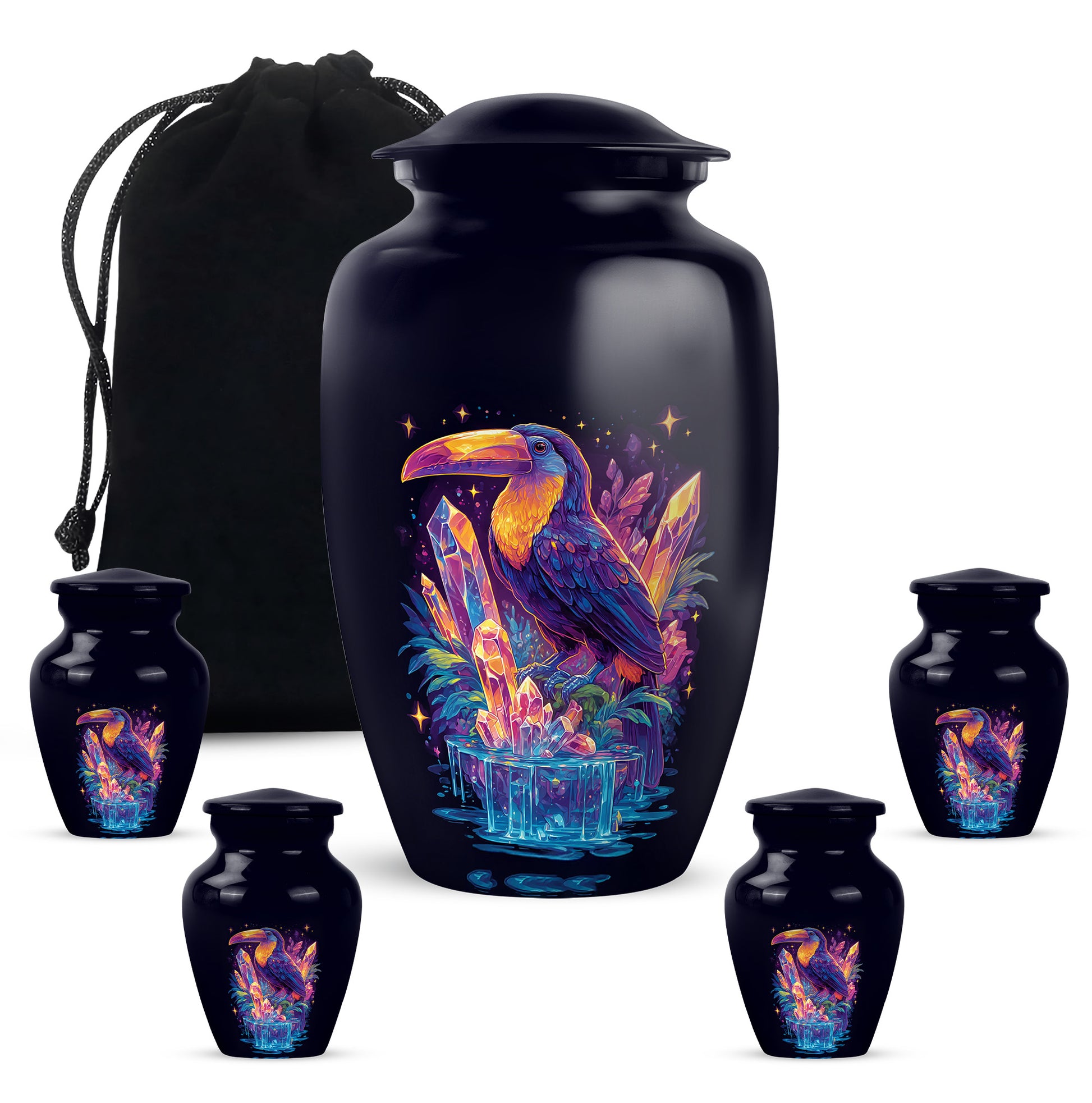 Indigo Hornbill Cremation Urn top-down view of secure threaded lid - classic sculpted hornbill pattern on smooth aluminum - memorial set with one large and four small urns