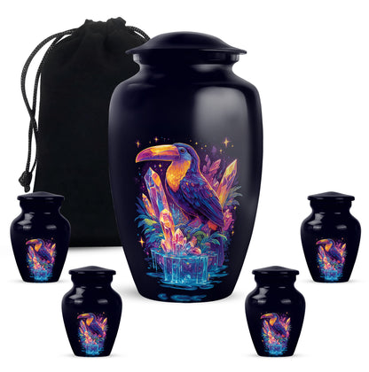 Indigo Hornbill Cremation Urn top-down view of secure threaded lid - classic sculpted hornbill pattern on smooth aluminum - memorial set with one large and four small urns
