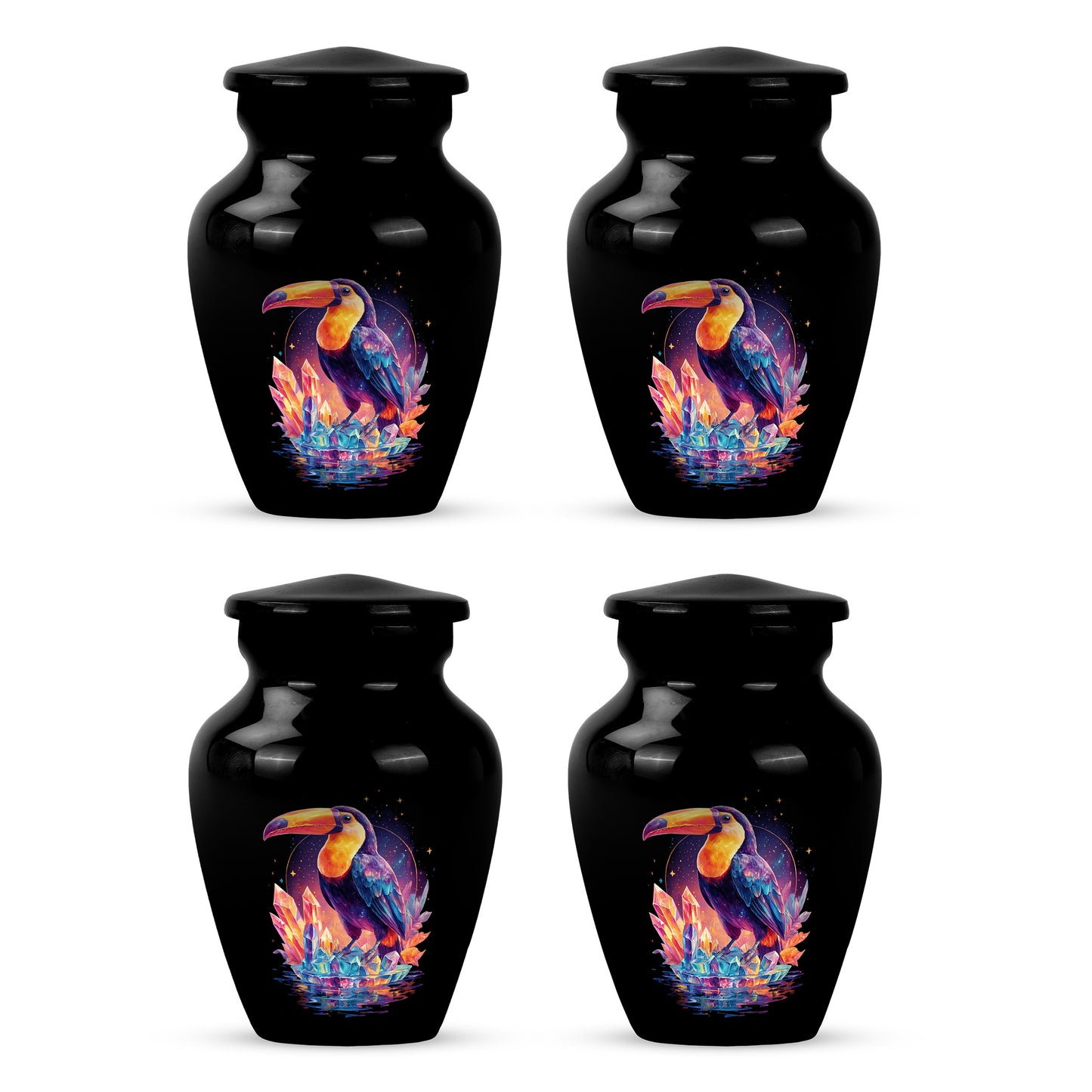 Deep Black Hornbill Cremation Urn side profile showing urn shape - timeless hornbill motif etched into premium metal - 10 inch aluminum urn for cremated remains