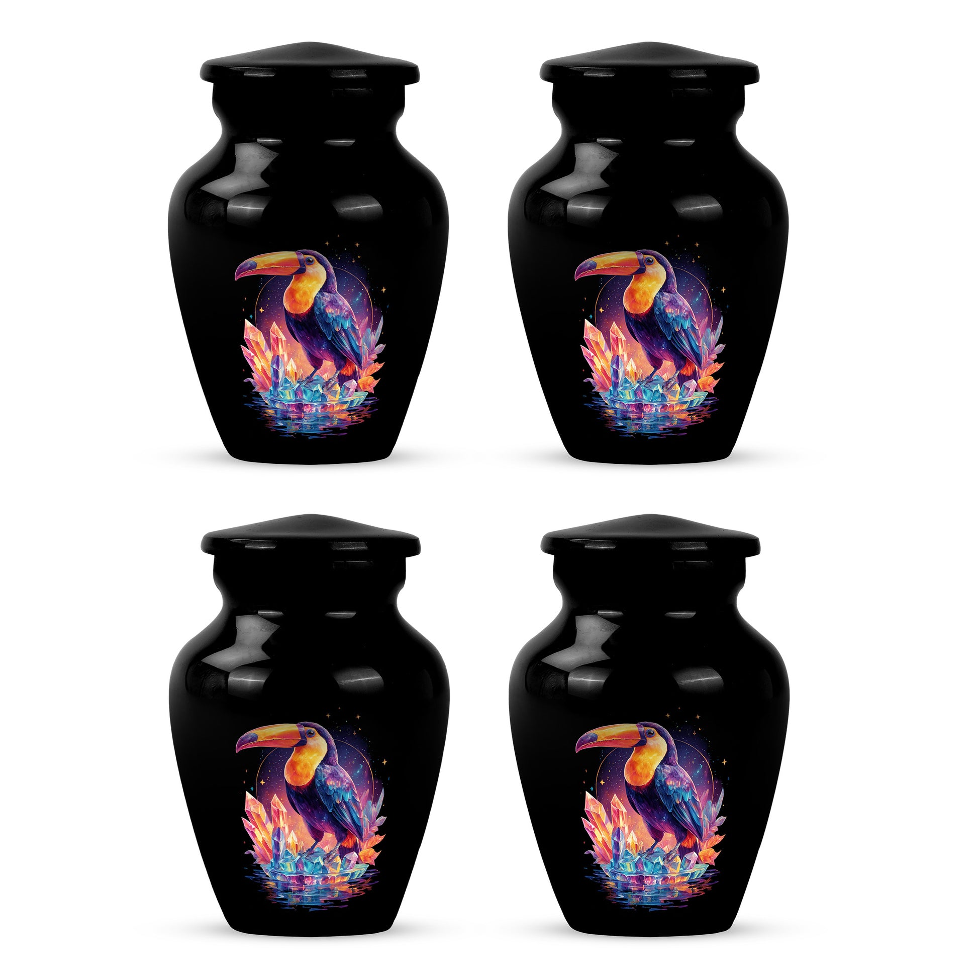Deep Black Hornbill Cremation Urn side profile showing urn shape - timeless hornbill motif etched into premium metal - 10 inch aluminum urn for cremated remains