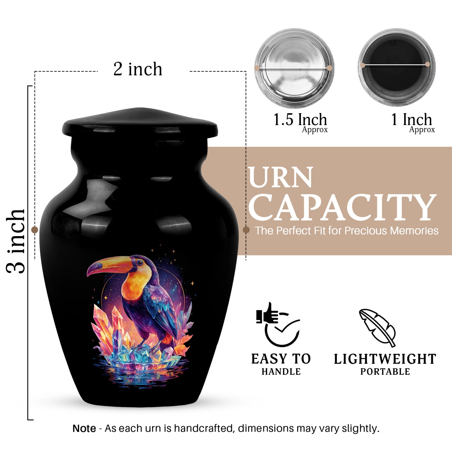 Glossy Black Hornbill Cremation Urn close-up of engraving and surface detail - timeless hornbill motif etched into premium metal - mini keepsake memorial for portion of cremation ashes