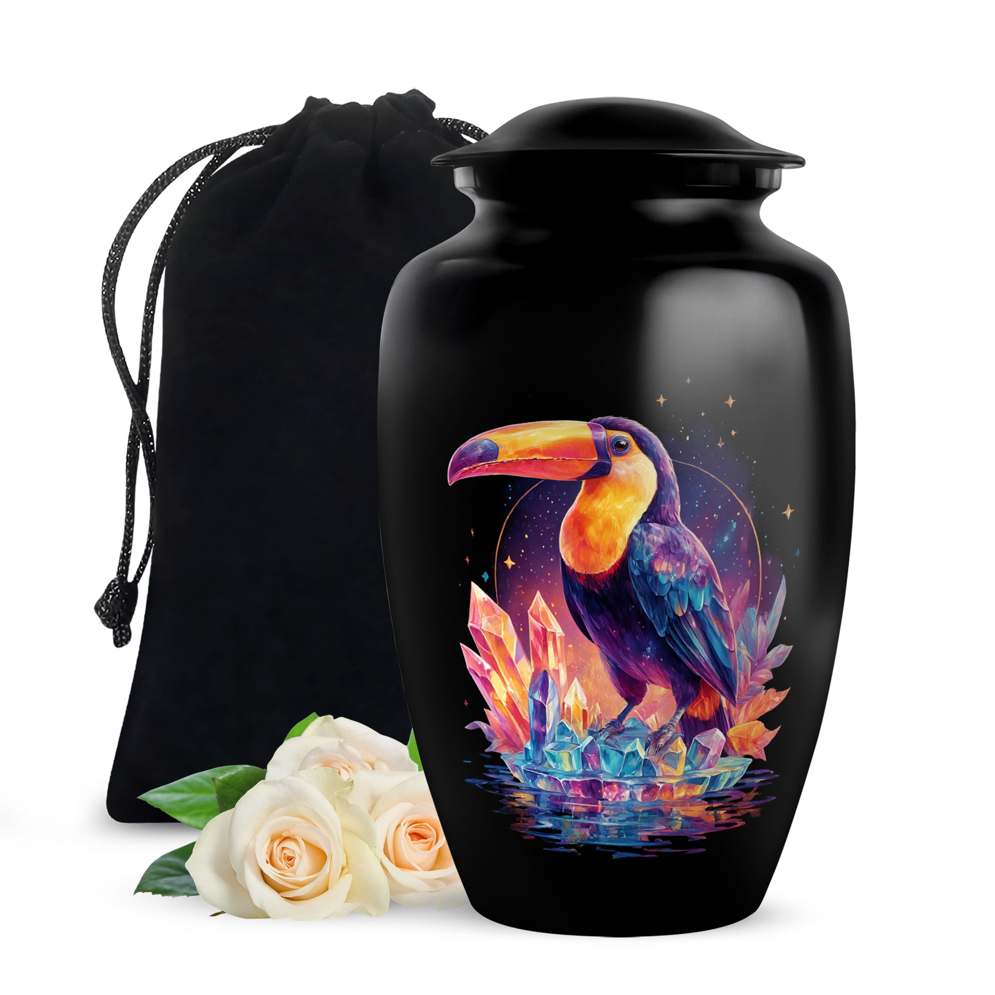 Jet Black Hornbill Cremation Urn angled view of lid and engraved motif - classic sculpted hornbill pattern on smooth aluminum - full-size 10 inch 200 cubic inch adult cremation urn