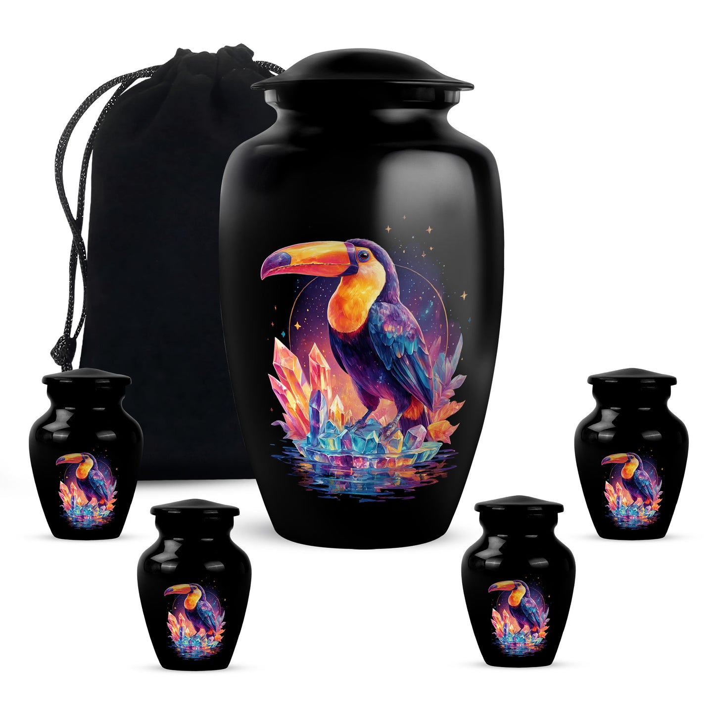 Deep Black Hornbill Cremation Urn top-down view of secure threaded lid - classic sculpted hornbill pattern on smooth aluminum - memorial set with one large and four small urns