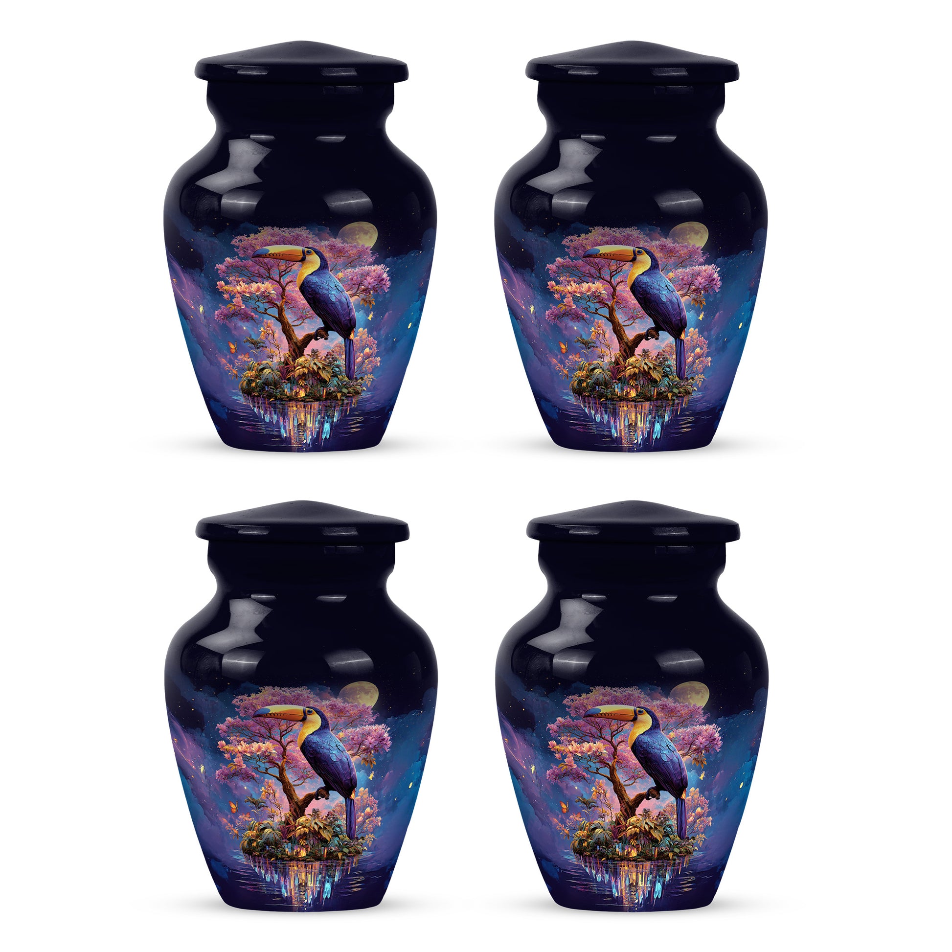 Azure Hornbill Cremation Urn side profile showing urn shape - timeless hornbill motif etched into premium metal - 10 inch aluminum urn for cremated remains