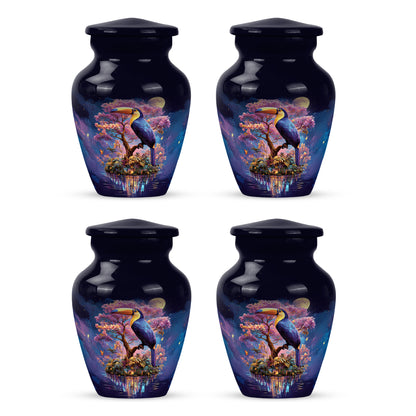 Azure Hornbill Cremation Urn side profile showing urn shape - timeless hornbill motif etched into premium metal - 10 inch aluminum urn for cremated remains