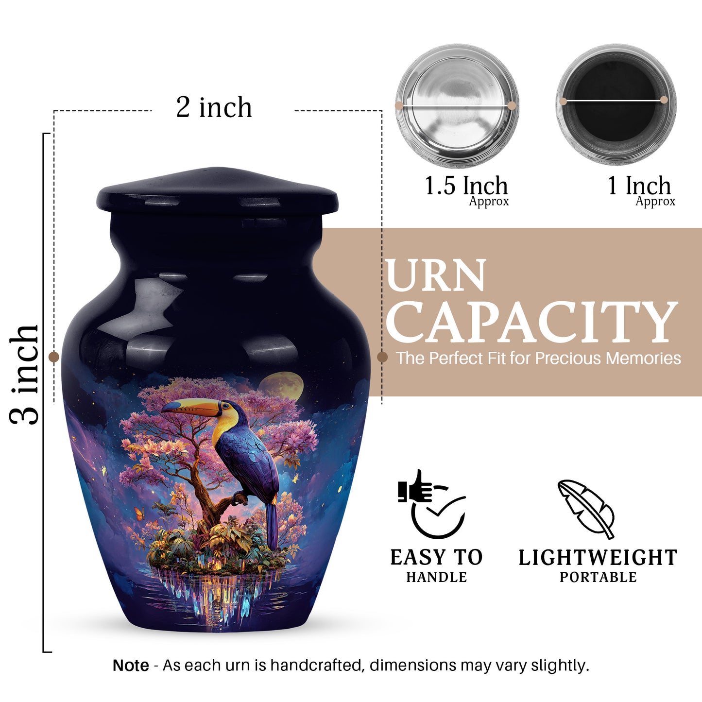 Misty Blue Hornbill Cremation Urn close-up of engraving and surface detail - timeless hornbill motif etched into premium metal - mini keepsake memorial for portion of cremation ashes