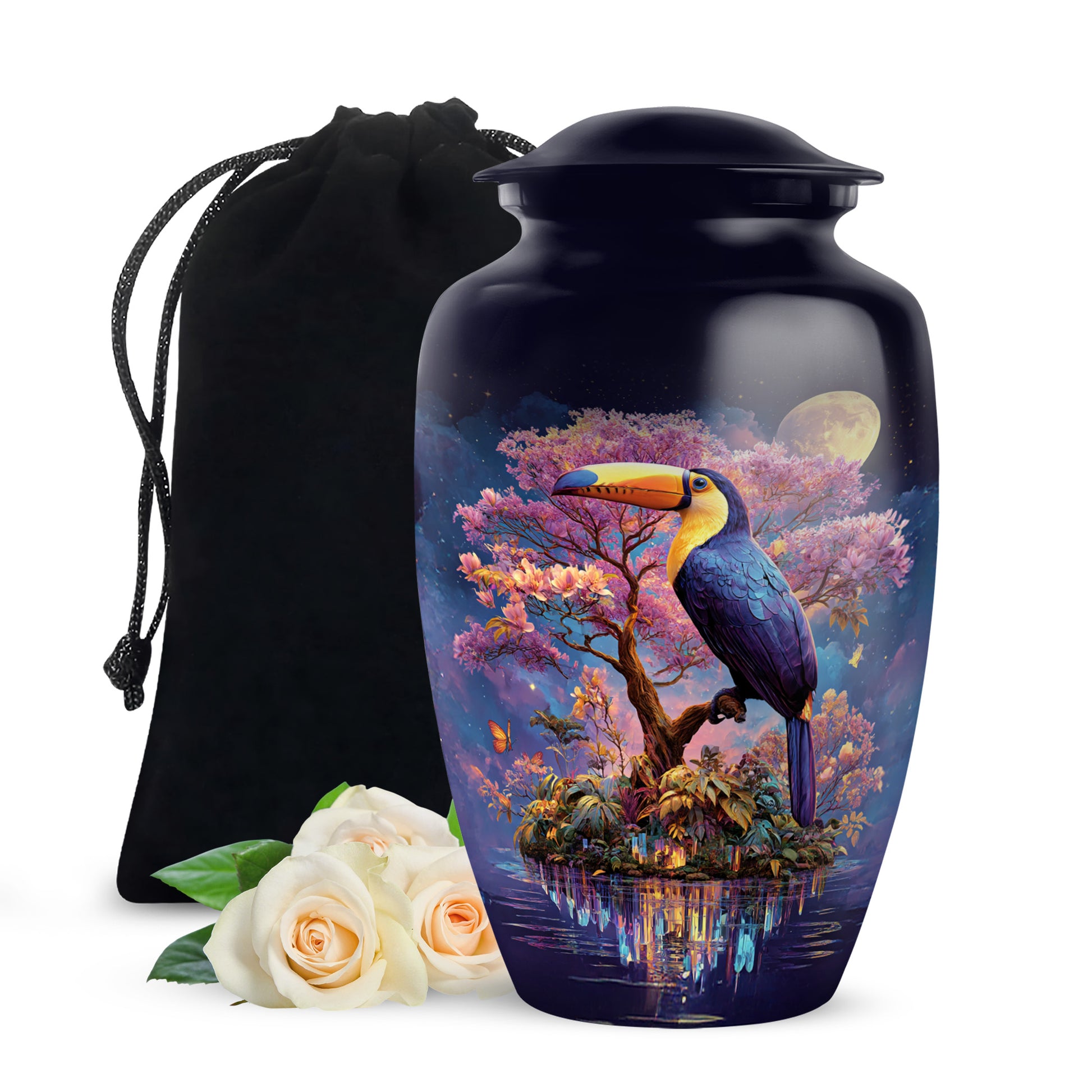 Cobalt Blue Hornbill Cremation Urn angled view of lid and engraved motif - traditional hornbill engraving with hand-polished finish - full-size 10 inch 200 cubic inch adult cremation urn