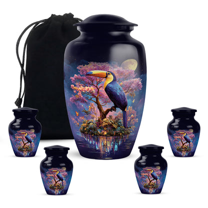 Bright Blue Hornbill Cremation Urn top-down view of secure threaded lid - traditional hornbill engraving with hand-polished finish - memorial set with one large and four small urns