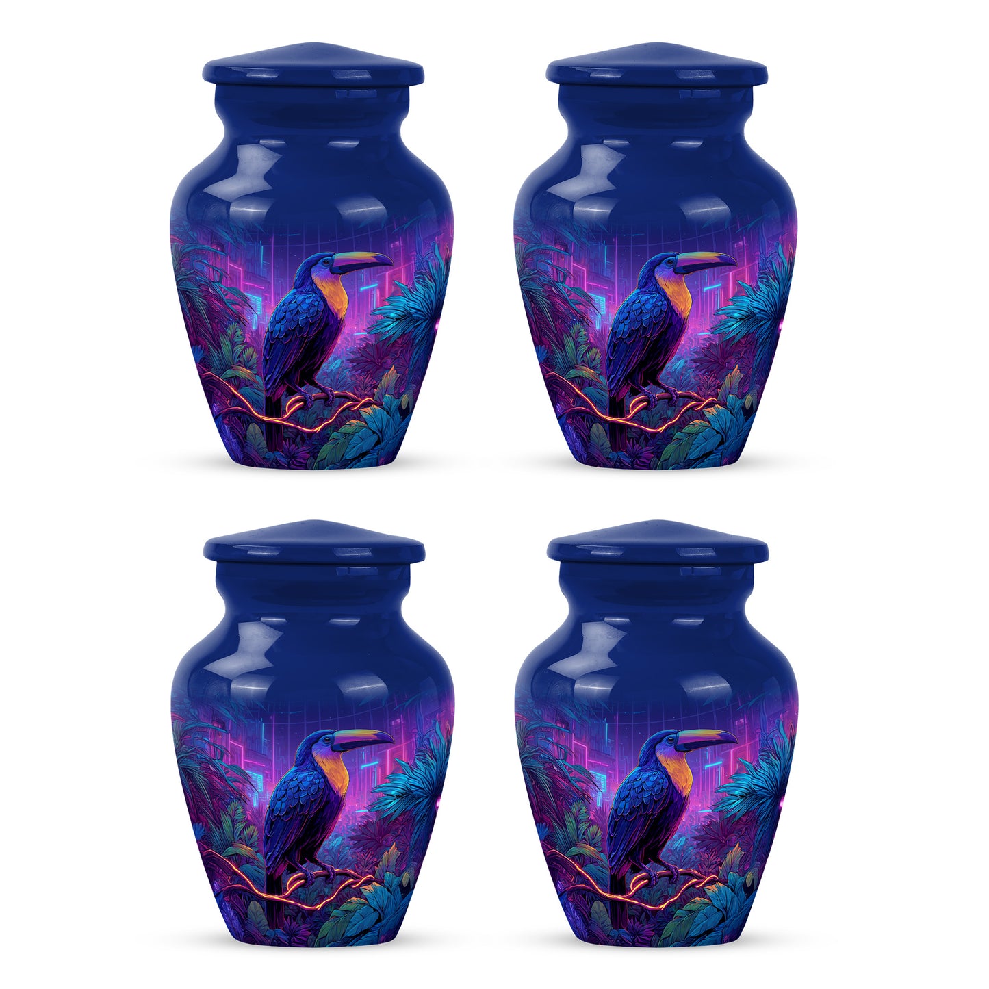 Steel Blue Hornbill Cremation Urn side profile showing urn shape - traditional hornbill engraving with hand-polished finish - 10 inch aluminum urn for cremated remains