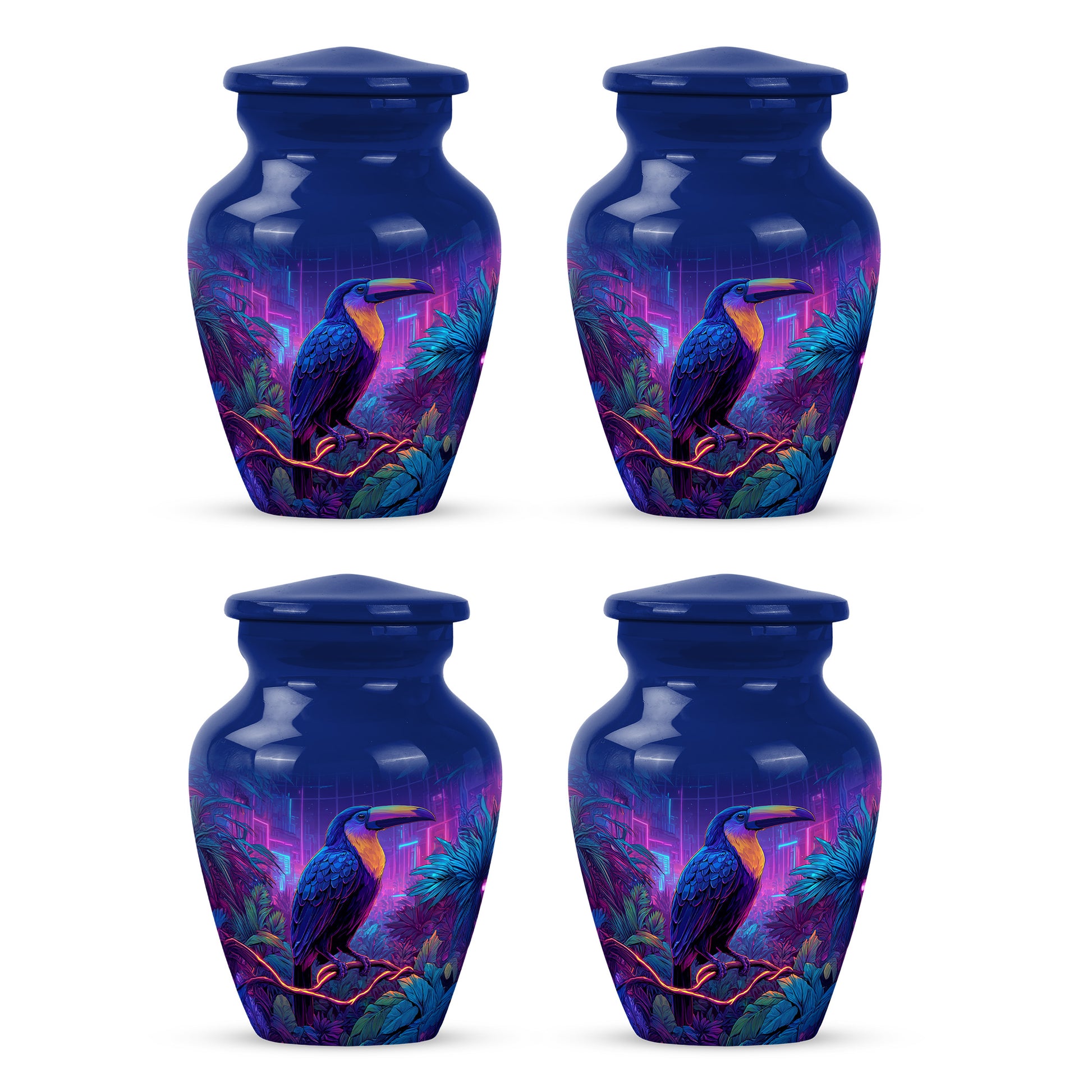 Steel Blue Hornbill Cremation Urn side profile showing urn shape - traditional hornbill engraving with hand-polished finish - 10 inch aluminum urn for cremated remains