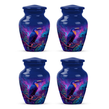 Steel Blue Hornbill Cremation Urn side profile showing urn shape - traditional hornbill engraving with hand-polished finish - 10 inch aluminum urn for cremated remains