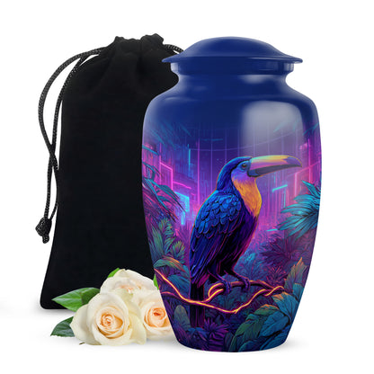 Misty Blue Hornbill Cremation Urn angled view of lid and engraved motif - classic sculpted hornbill pattern on smooth aluminum - full-size 10 inch 200 cubic inch adult cremation urn