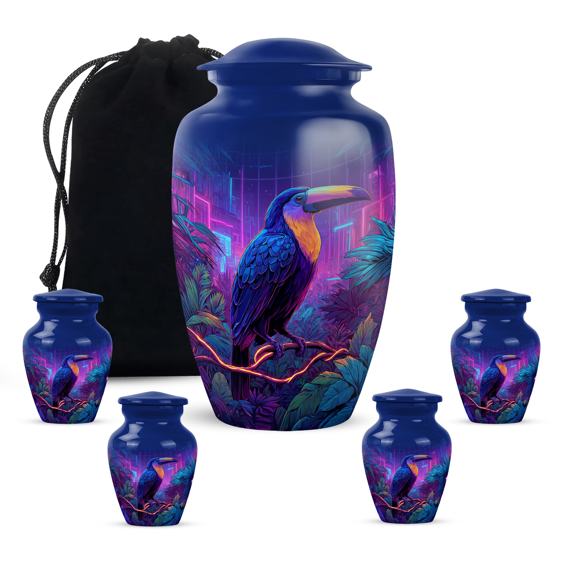 Steel Blue Hornbill Cremation Urn top-down view of secure threaded lid - elegant classic hornbill relief with fine detailing - memorial set with one large and four small urns
