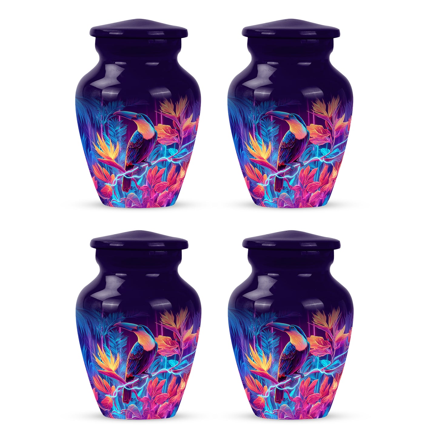 Grape Purple Hornbill Cremation Urn side profile showing urn shape - traditional hornbill engraving with hand-polished finish - 10 inch aluminum urn for cremated remains
