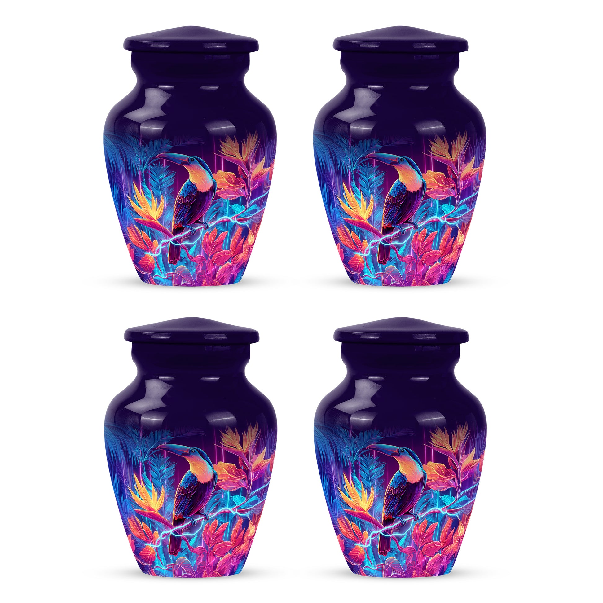 Grape Purple Hornbill Cremation Urn side profile showing urn shape - traditional hornbill engraving with hand-polished finish - 10 inch aluminum urn for cremated remains