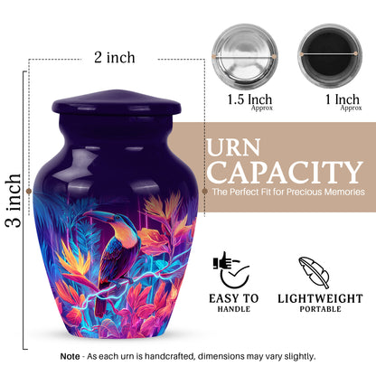 Orchid Purple Hornbill Cremation Urn close-up of engraving and surface detail - classic sculpted hornbill pattern on smooth aluminum - mini keepsake memorial for portion of cremation ashes