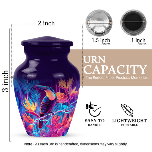 Orchid Purple Hornbill Cremation Urn close-up of engraving and surface detail - classic sculpted hornbill pattern on smooth aluminum - mini keepsake memorial for portion of cremation ashes