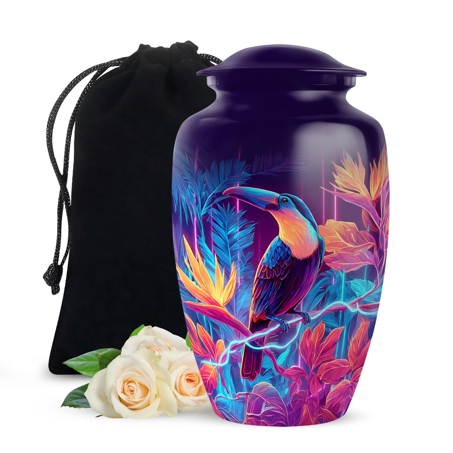 Deep Purple Hornbill Cremation Urn angled view of lid and engraved motif - classic sculpted hornbill pattern on smooth aluminum - full-size 10 inch 200 cubic inch adult cremation urn