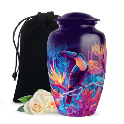Deep Purple Hornbill Cremation Urn angled view of lid and engraved motif - classic sculpted hornbill pattern on smooth aluminum - full-size 10 inch 200 cubic inch adult cremation urn