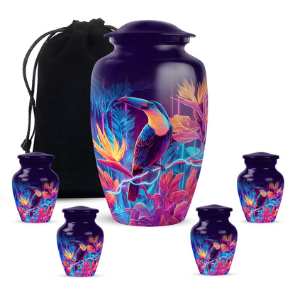 Deep Purple Hornbill Cremation Urn top-down view of secure threaded lid - classic sculpted hornbill pattern on smooth aluminum - memorial set with one large and four small urns