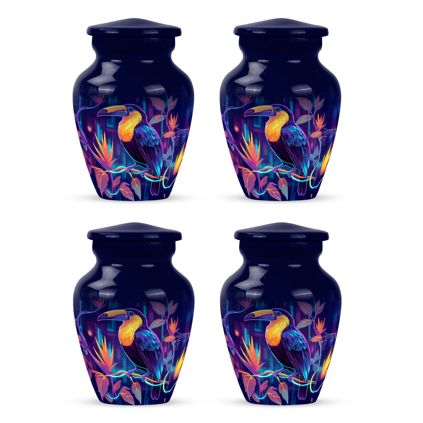 Royal Blue Hornbill Cremation Urn side profile showing urn shape - traditional hornbill engraving with hand-polished finish - 10 inch aluminum urn for cremated remains