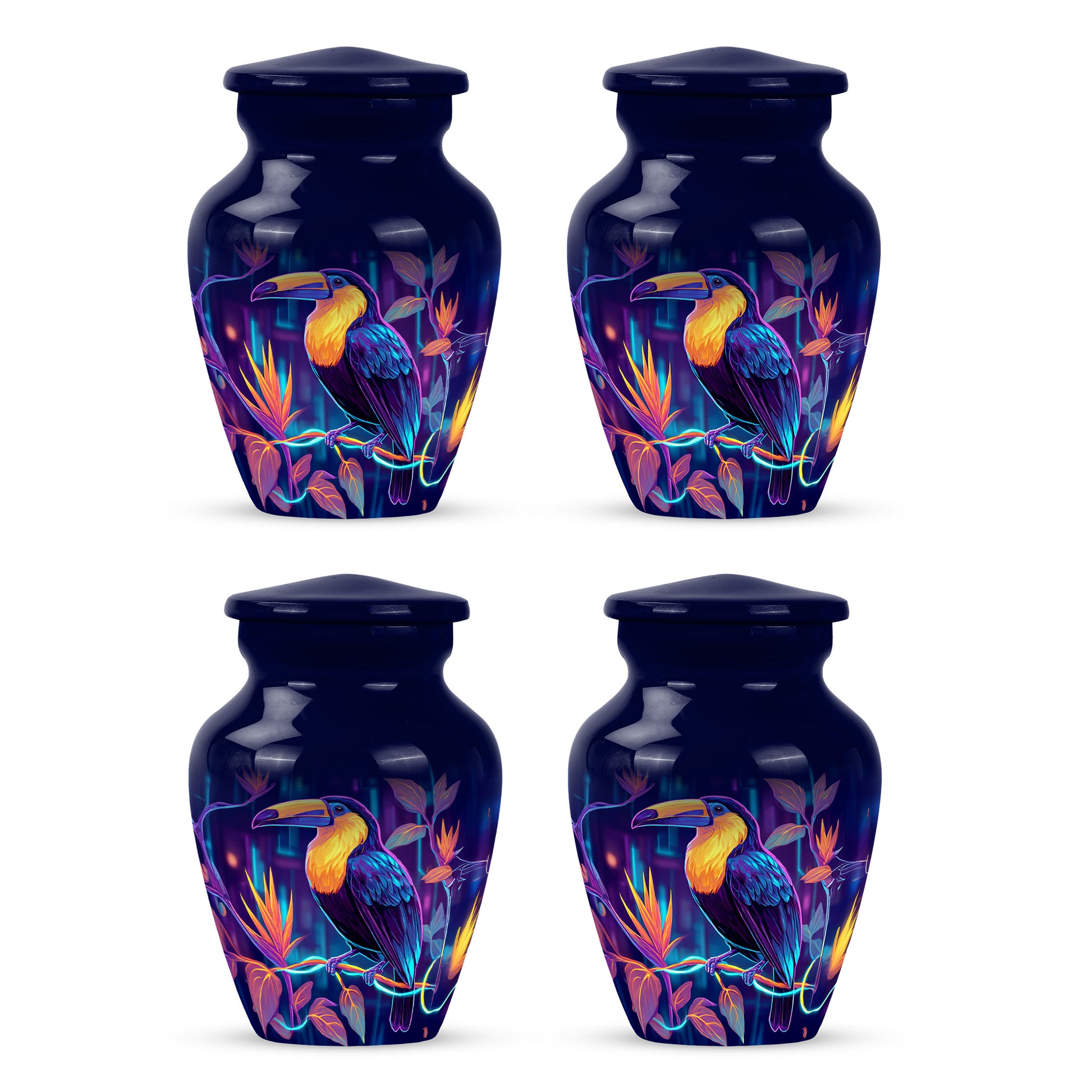 Royal Blue Hornbill Cremation Urn side profile showing urn shape - traditional hornbill engraving with hand-polished finish - 10 inch aluminum urn for cremated remains