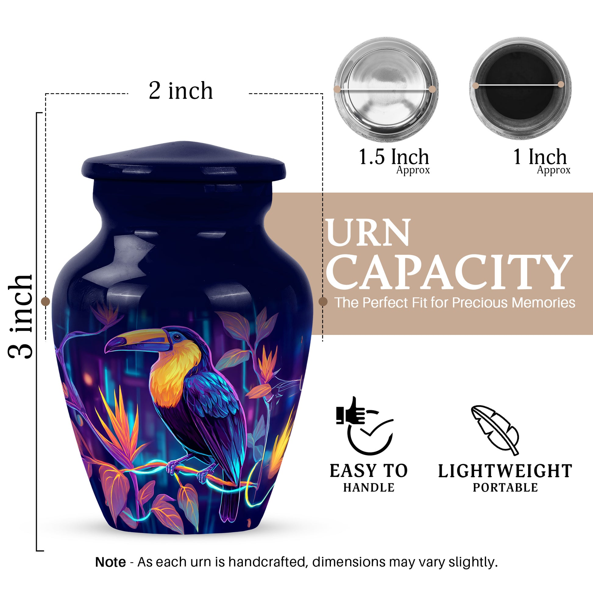Cobalt Blue Hornbill Cremation Urn close-up of engraving and surface detail - elegant classic hornbill relief with fine detailing - mini keepsake memorial for portion of cremation ashes