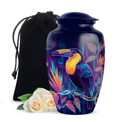 Indigo Hornbill Cremation Urn angled view of lid and engraved motif - timeless hornbill motif etched into premium metal - full-size 10 inch 200 cubic inch adult cremation urn