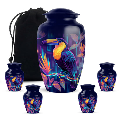 Steel Blue Hornbill Cremation Urn top-down view of secure threaded lid - traditional hornbill engraving with hand-polished finish - memorial set with one large and four small urns