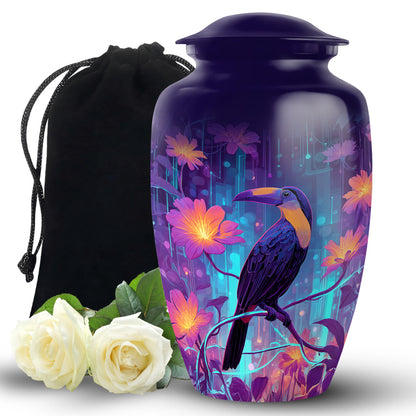 Indigo Hornbill Cremation Urn angled view of lid and engraved motif - timeless hornbill motif etched into premium metal - full-size 10 inch 200 cubic inch adult cremation urn