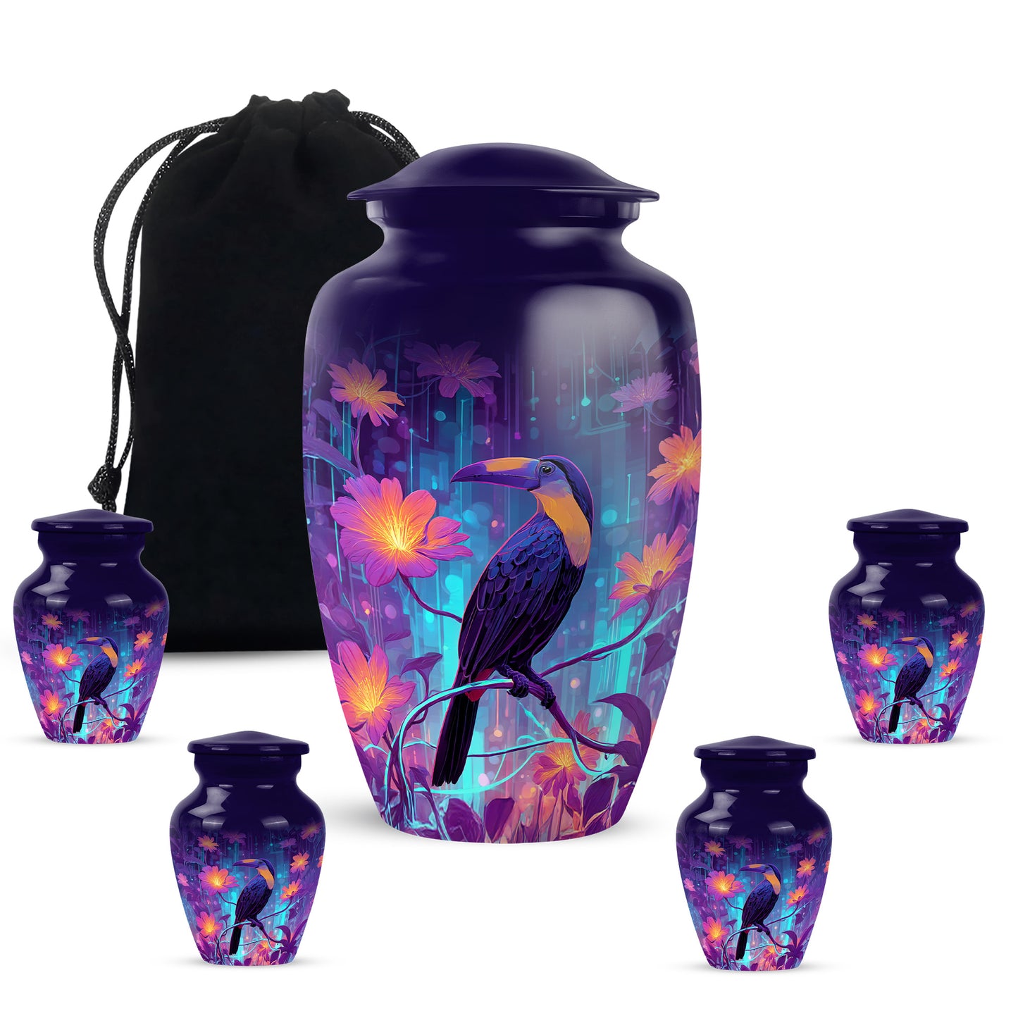Dusty Blue Hornbill Cremation Urn top-down view of secure threaded lid - timeless hornbill motif etched into premium metal - memorial set with one large and four small urns