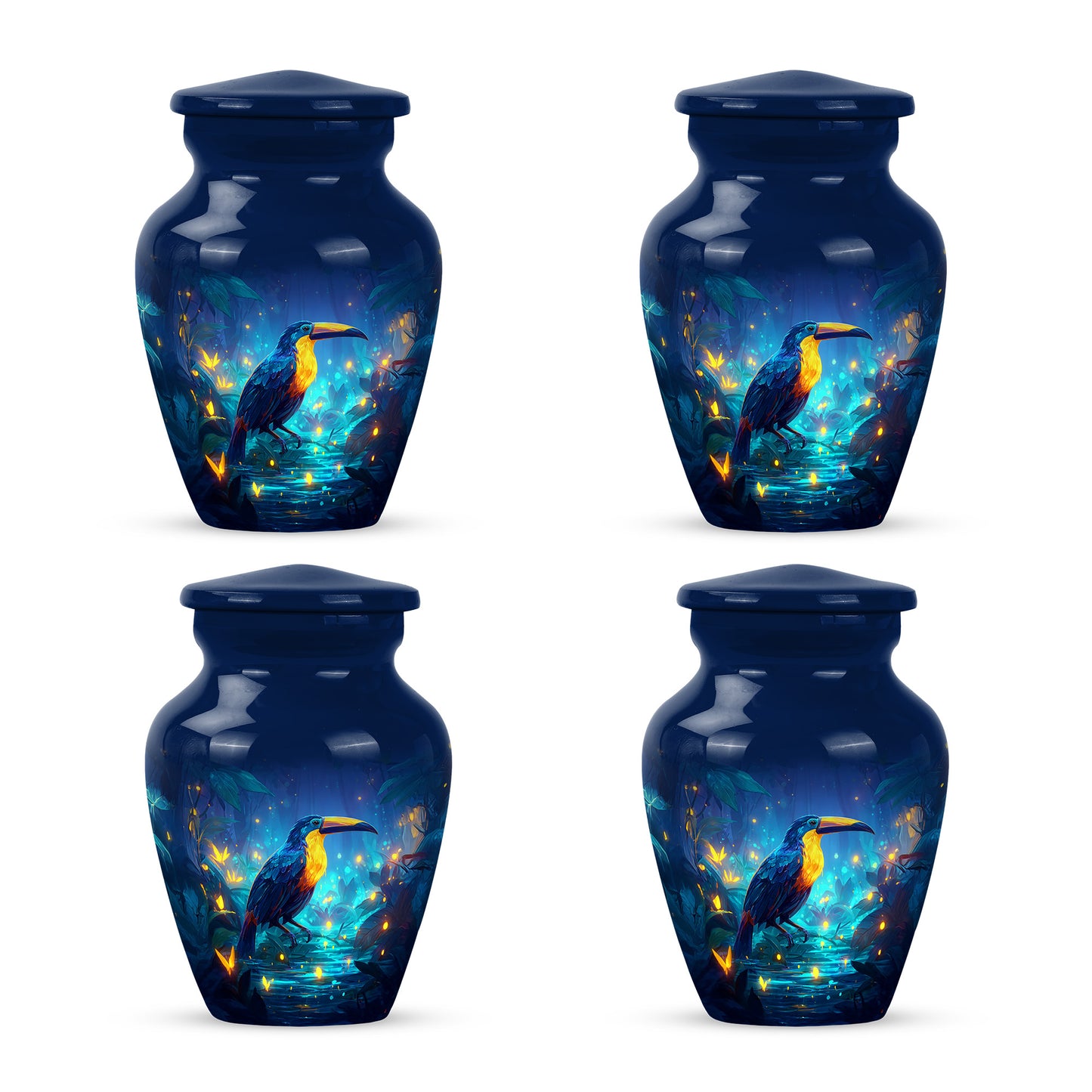 Sapphire Blue Hornbill Cremation Urn side profile showing urn shape - traditional hornbill engraving with hand-polished finish - 10 inch aluminum urn for cremated remains