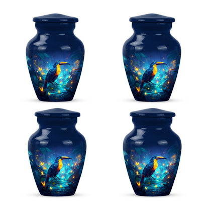 Sapphire Blue Hornbill Cremation Urn side profile showing urn shape - traditional hornbill engraving with hand-polished finish - 10 inch aluminum urn for cremated remains